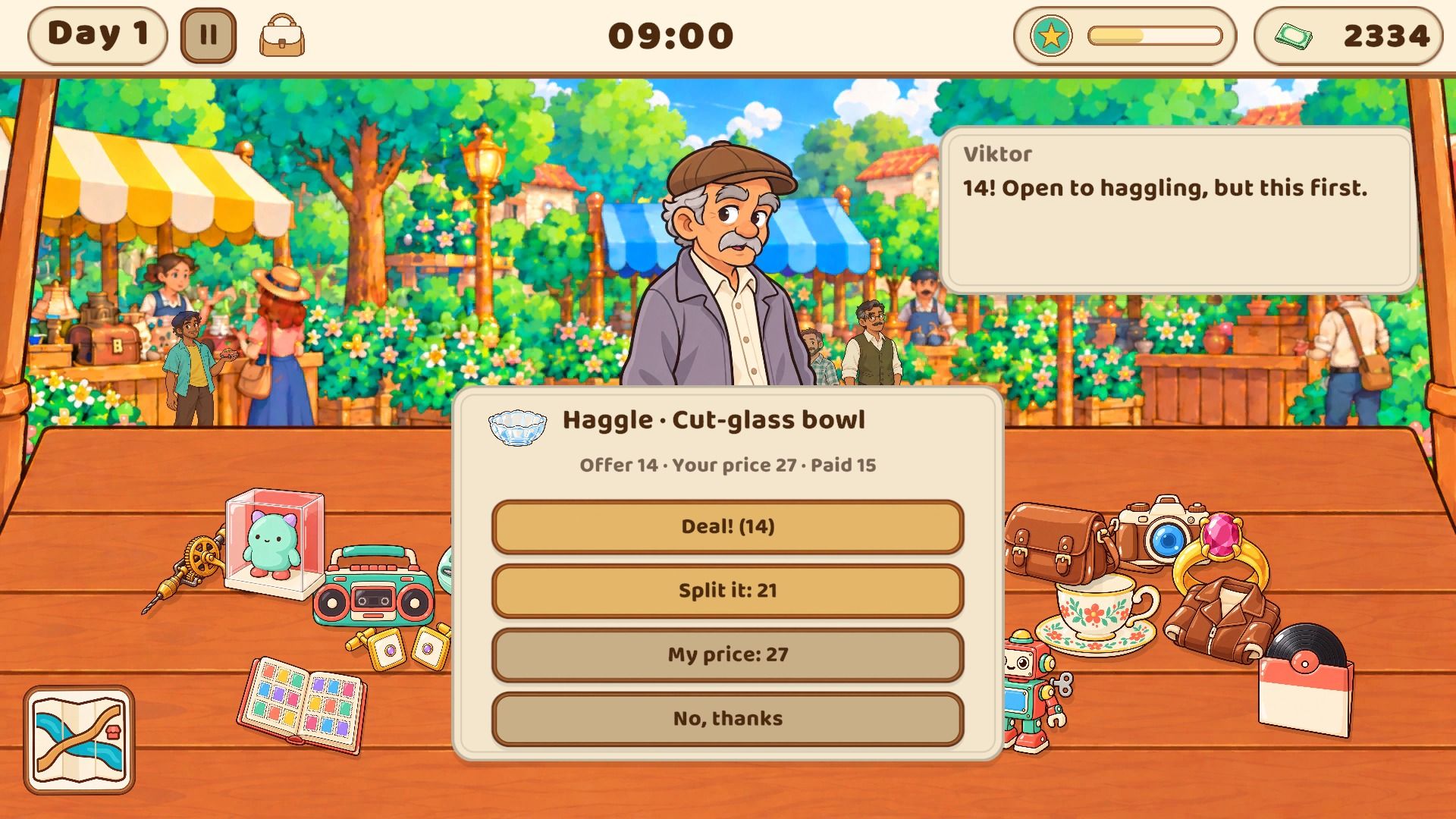 Haggling over a cut-glass bowl, with the choices Deal, Split it, My price and No thanks.