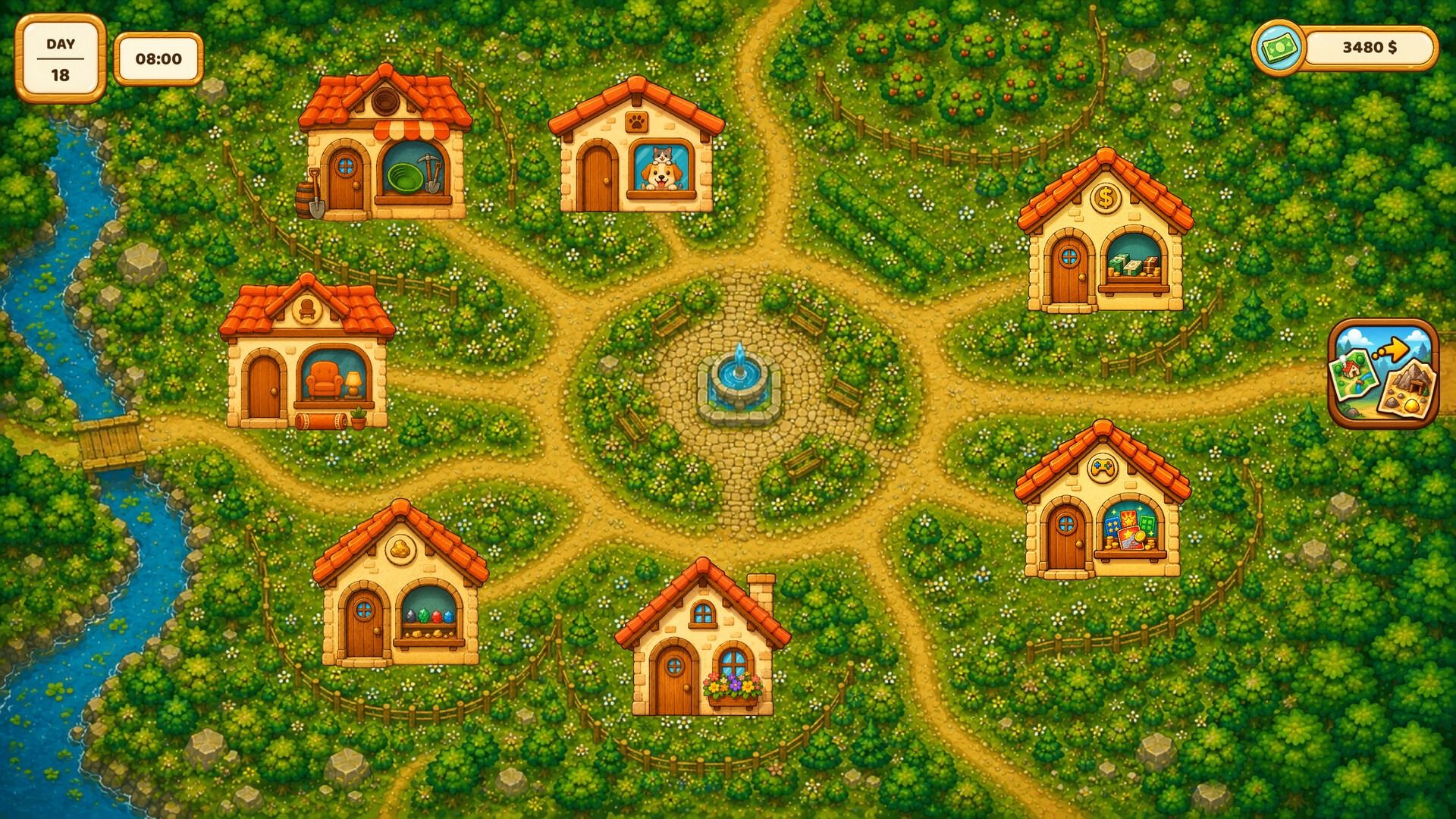 The village seen from above: red-roofed shops around a fountain, with a river along the edge.