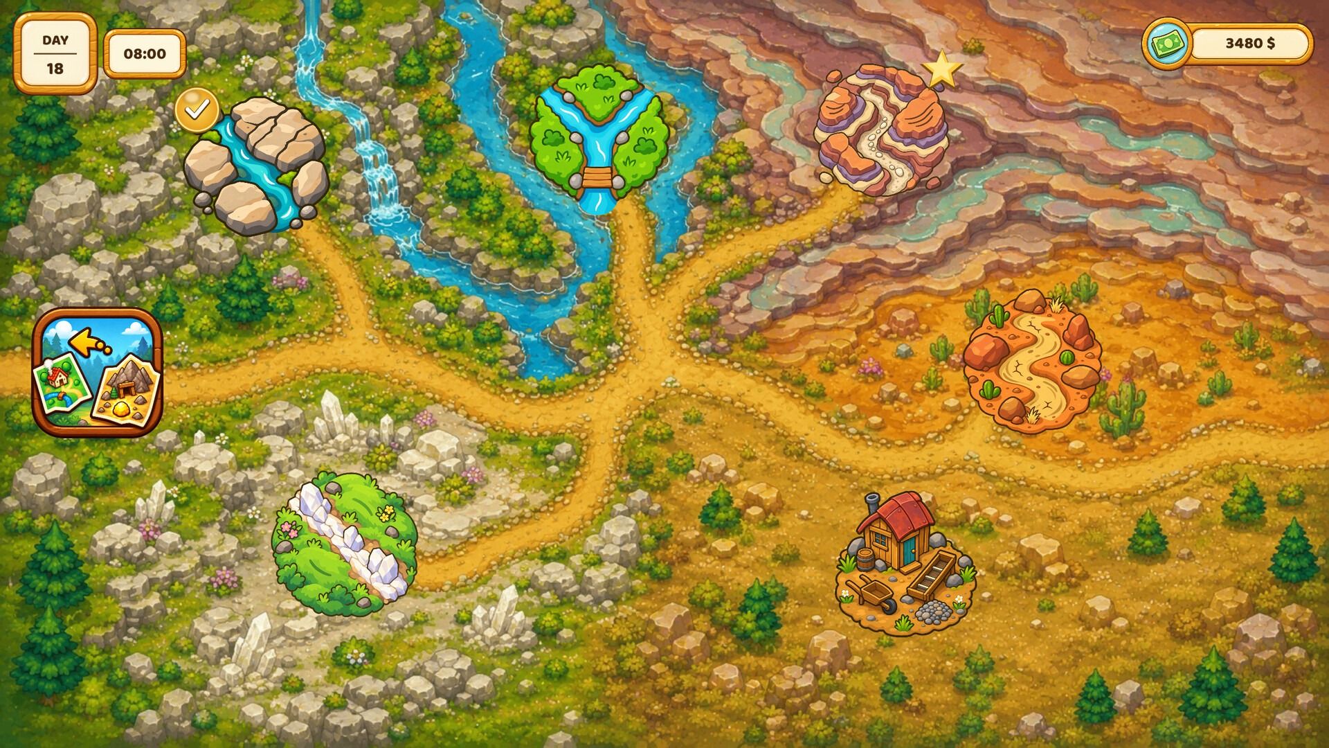 A colorful map of the gold regions with rivers, rocky slopes and an old camp.